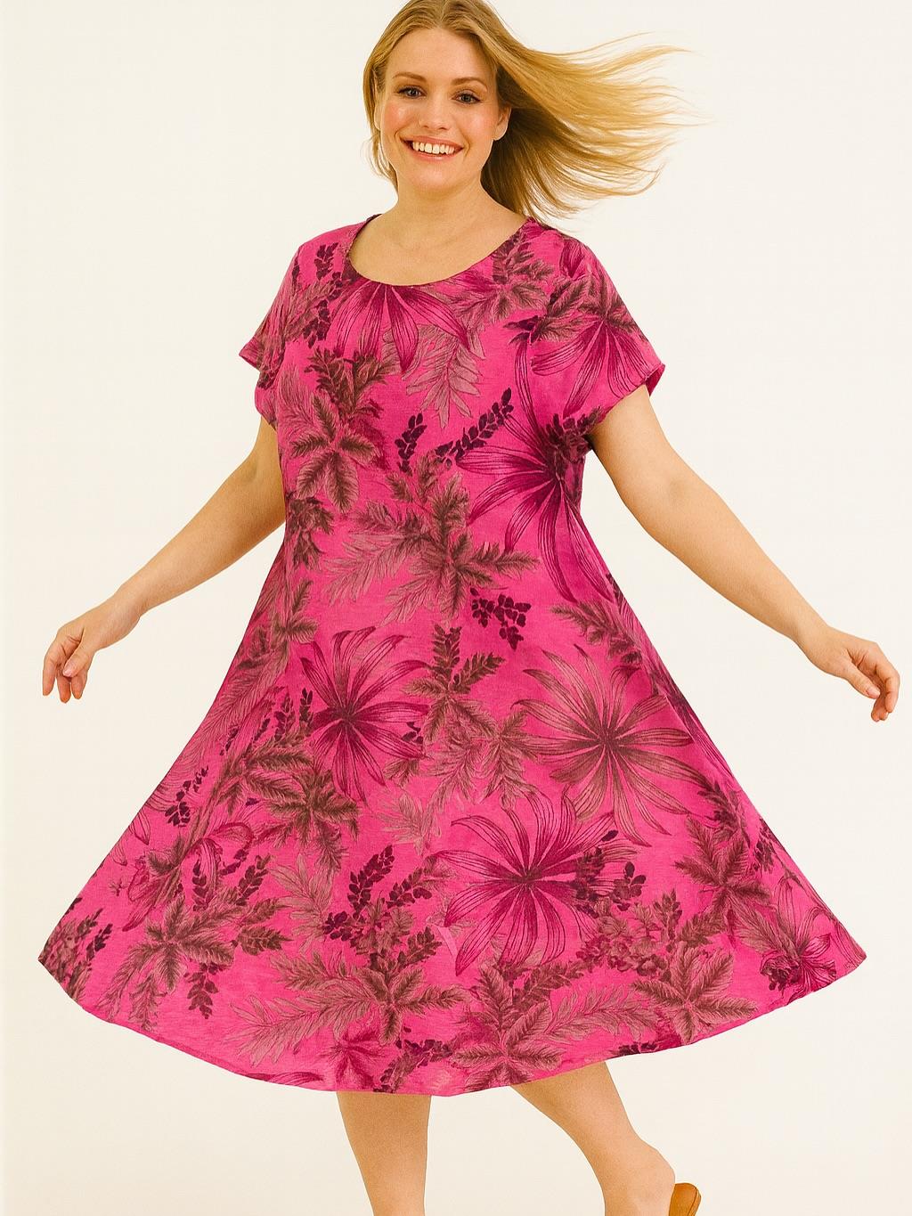 İtalyan Keten Yaprak Desen Elbise - FUŞYA