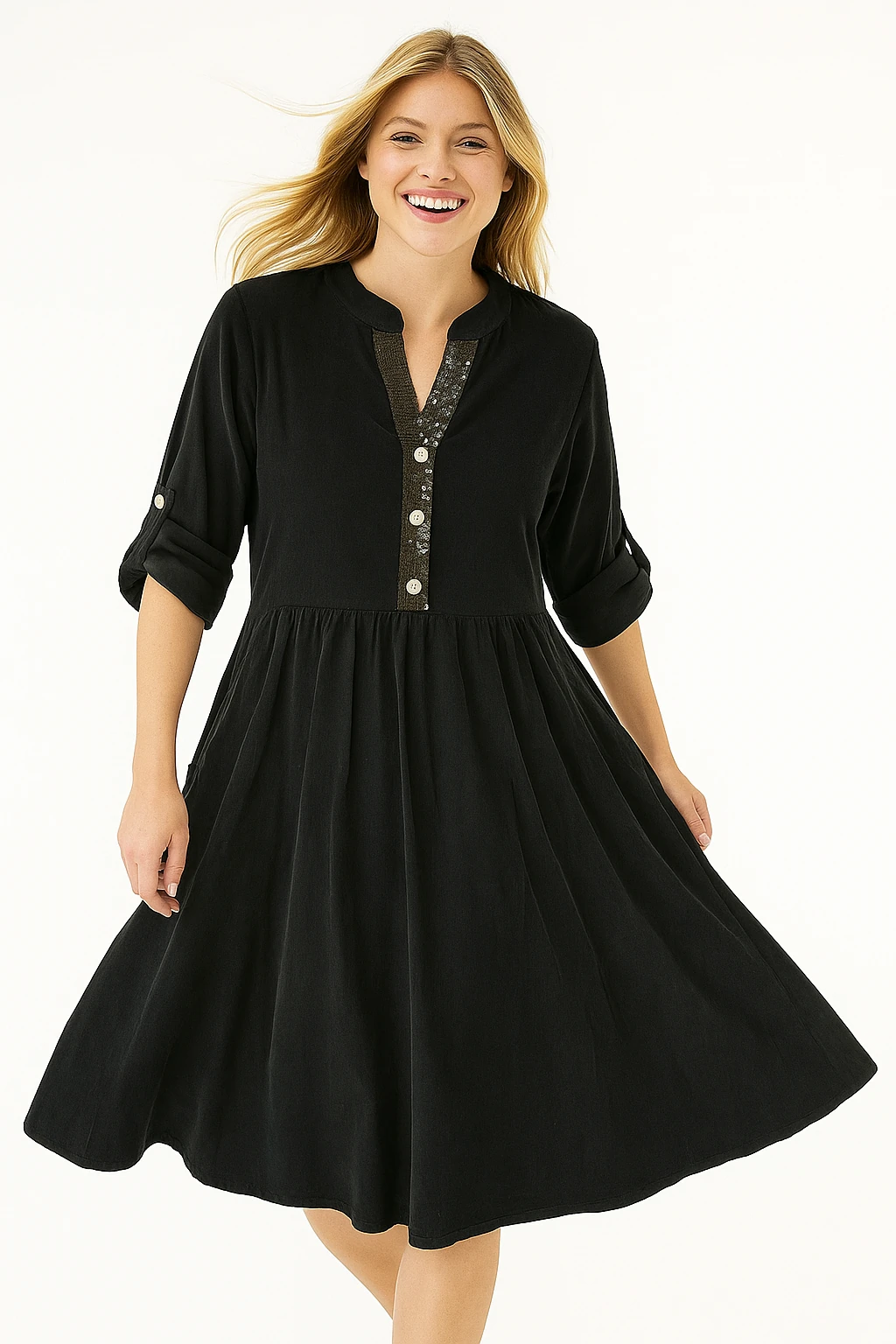 İtalyan Pul Payet Detaylı Kadife Elbise - SİYAH