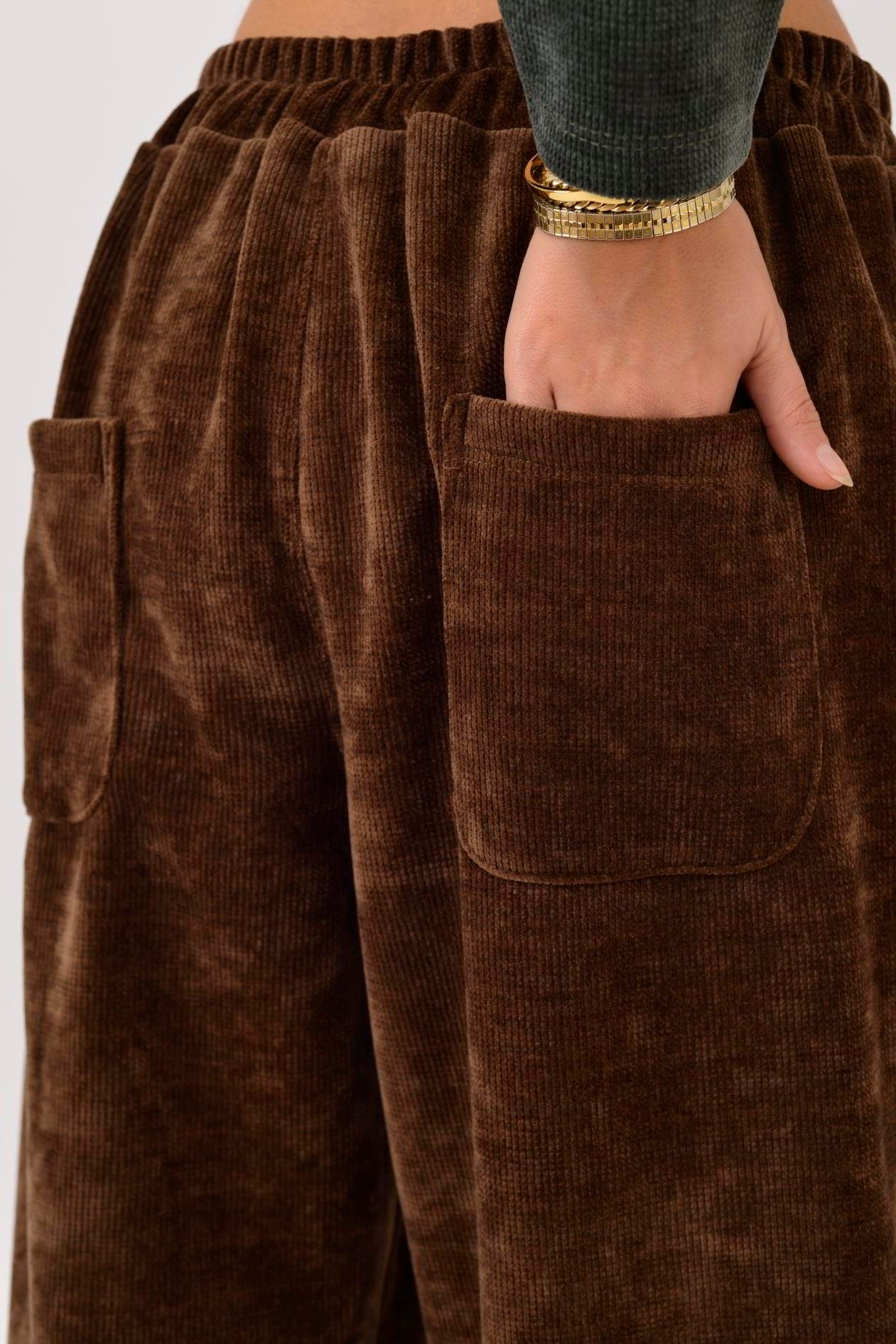 İtalyan Cep Detaylı Fitilli Kadife Pantolon - KAHVERENGİ