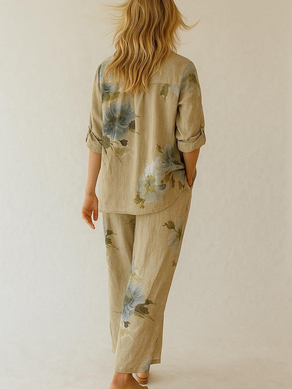 İtalyan Çiçek Desenli Keten Takım - BEJ