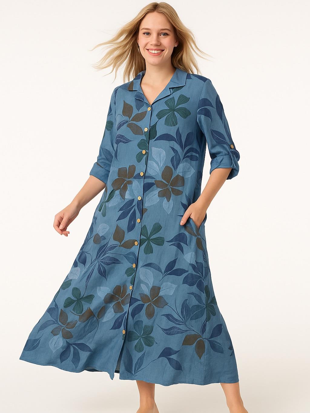 İtalyan Keten Yaprak Desenli Elbise - MAVİ
