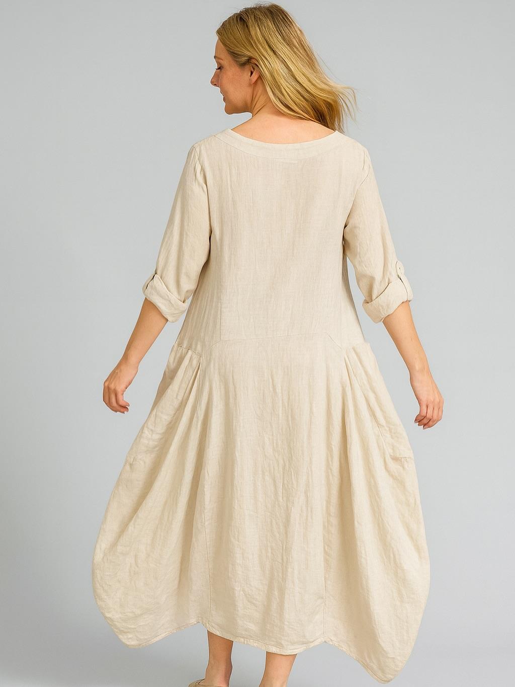 İtalyan Keten Cep Detaylı Elbise - BEJ