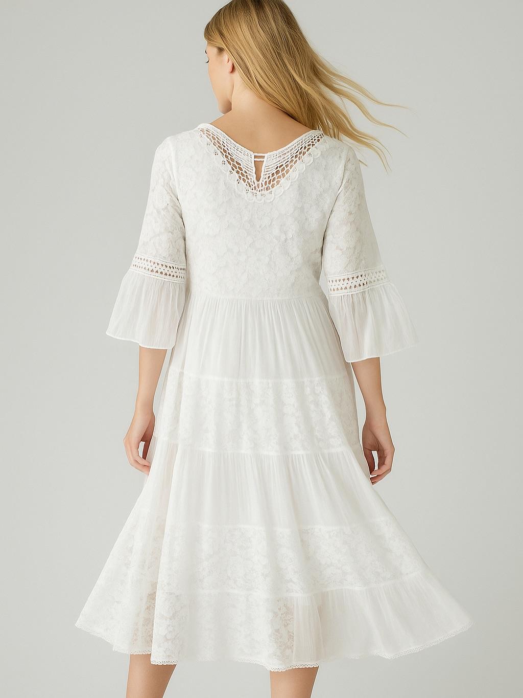 İtalyan İpek Detaylı Dantel Elbise - BEYAZ