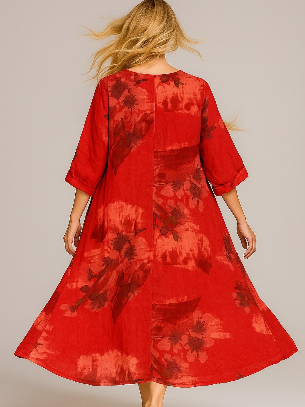 İtalyan Çiçek Desenli Keten Elbise - KIRMIZI