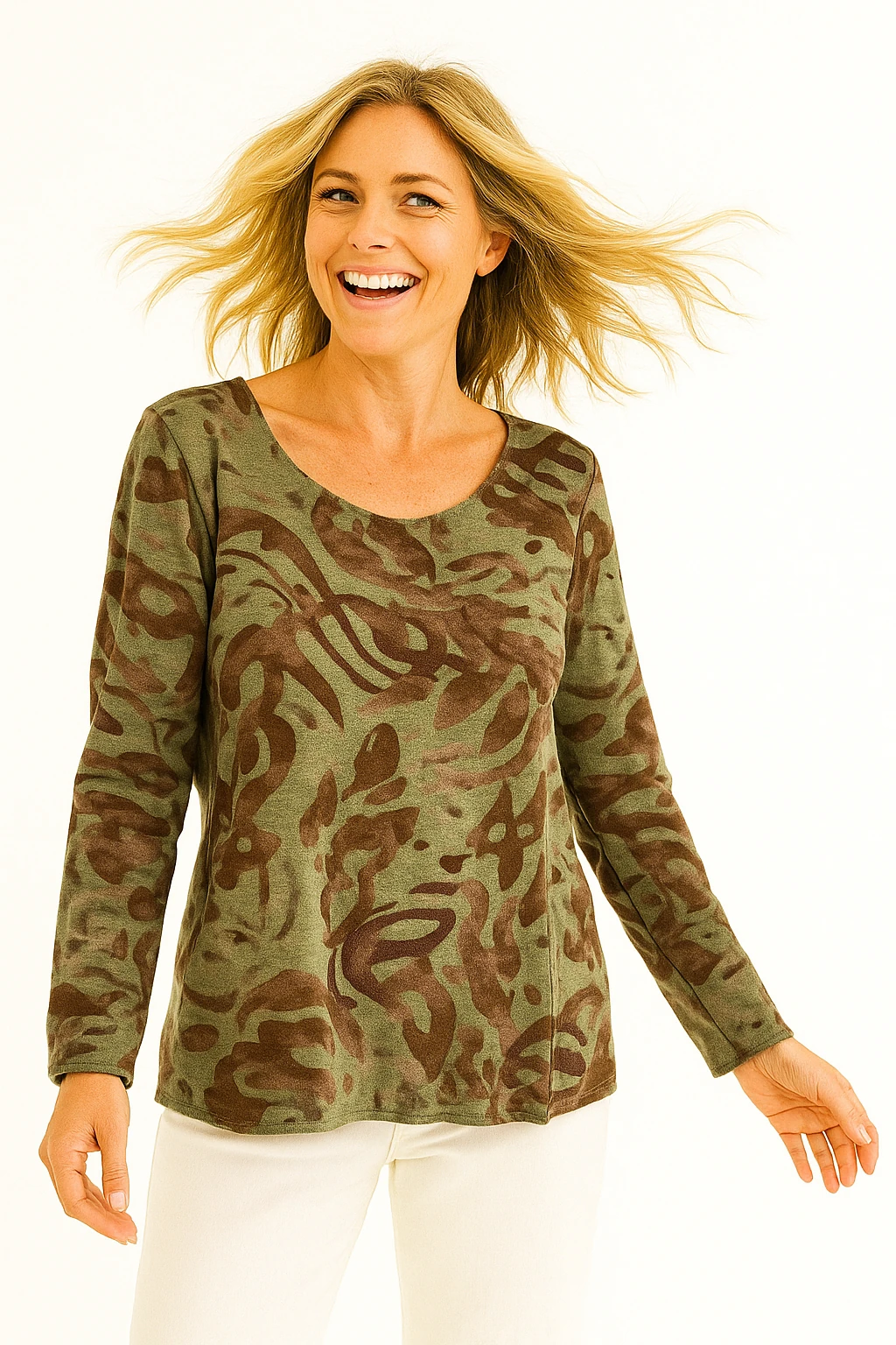 İtalyan Desenli Triko Bluz - HAKİ