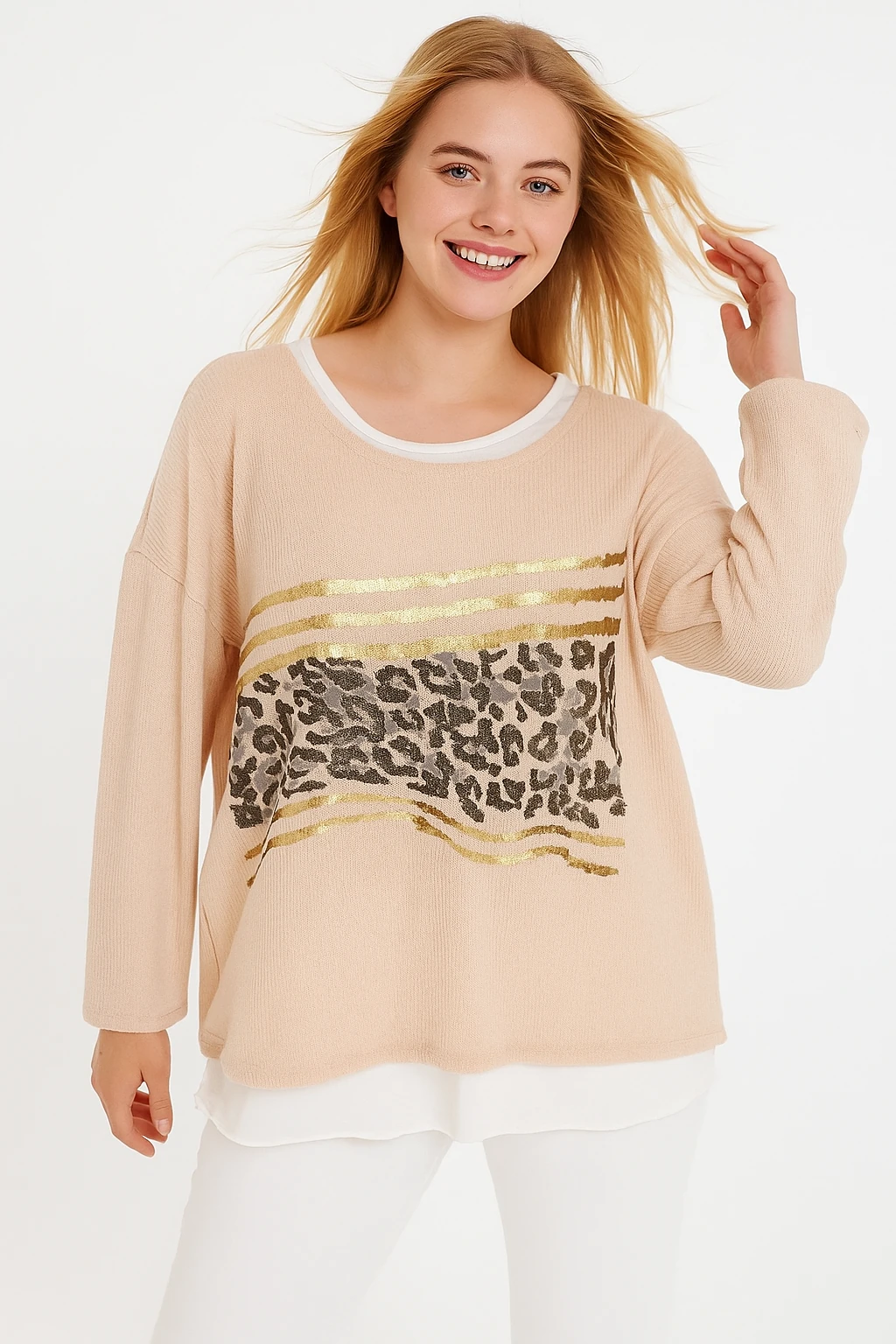 İtalyan Desenli İkili Triko Bluz - BEJ