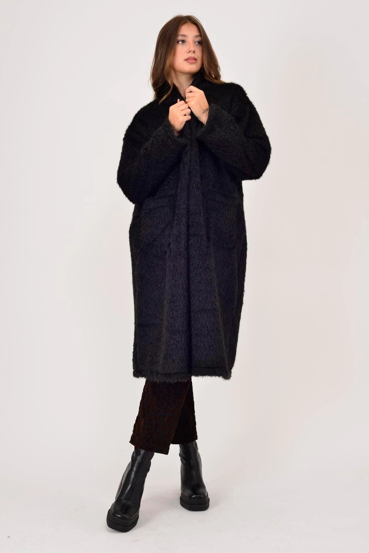 İtalyan Cep Detaylı Keçe Kaban - SİYAH