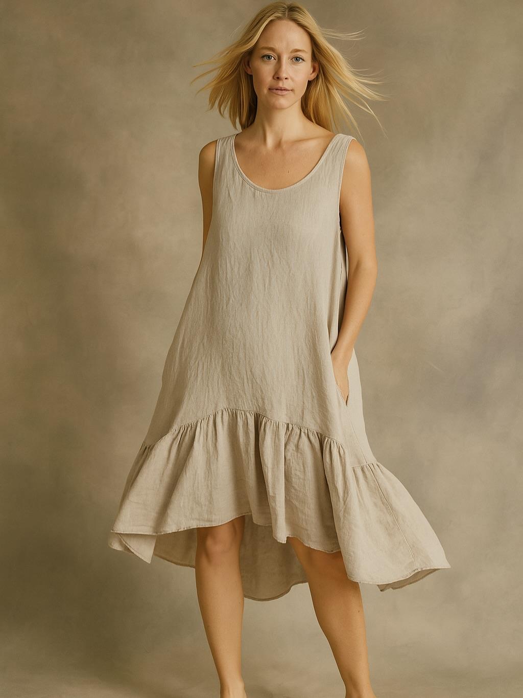 İtalyan Sırttan Bağlamalı Keten Elbise - BEJ