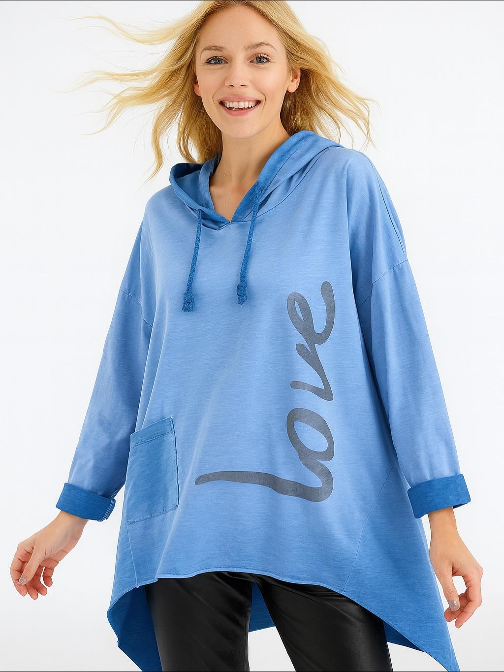 İtalyan Yazı Detaylı Nubuk Bluz - MAVİ