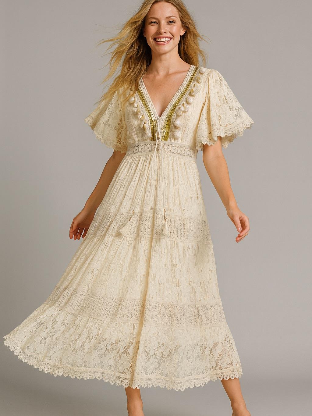 İtalyan Dantel Kısa Kol Elbise - BEJ