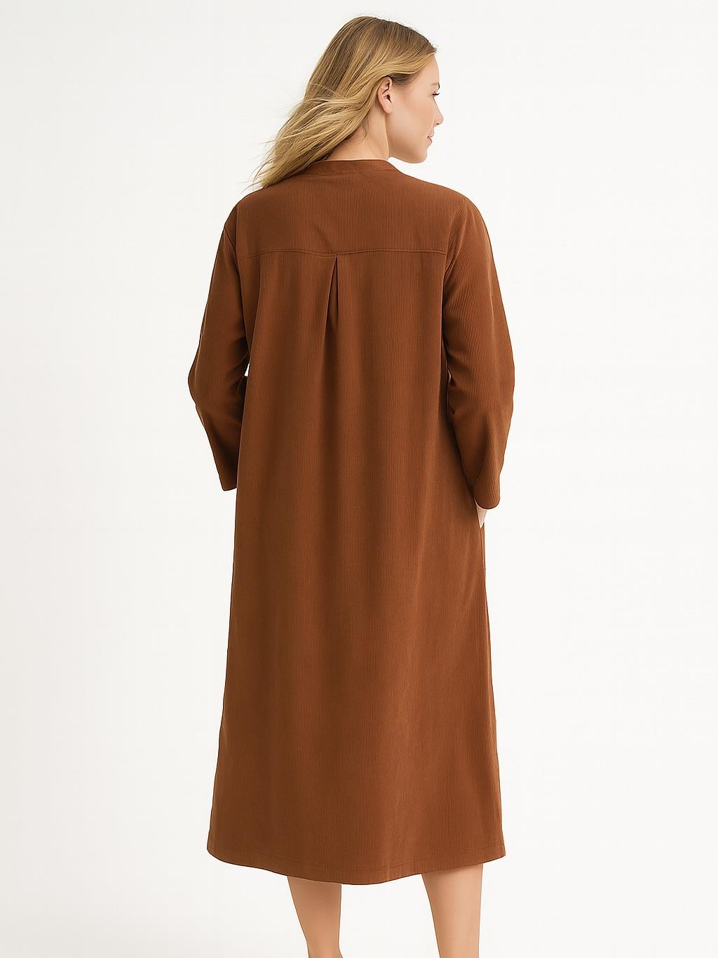 İtalyan Kadife Düğme Detaylı Elbise - KAHVERENGİ