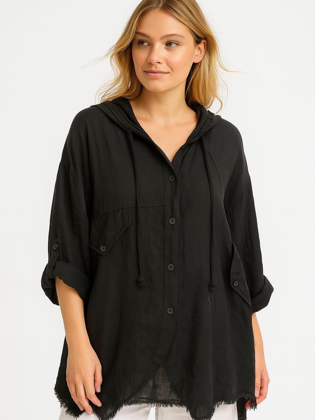 İtalyan Keten Kapüşonlu Ceket - SİYAH