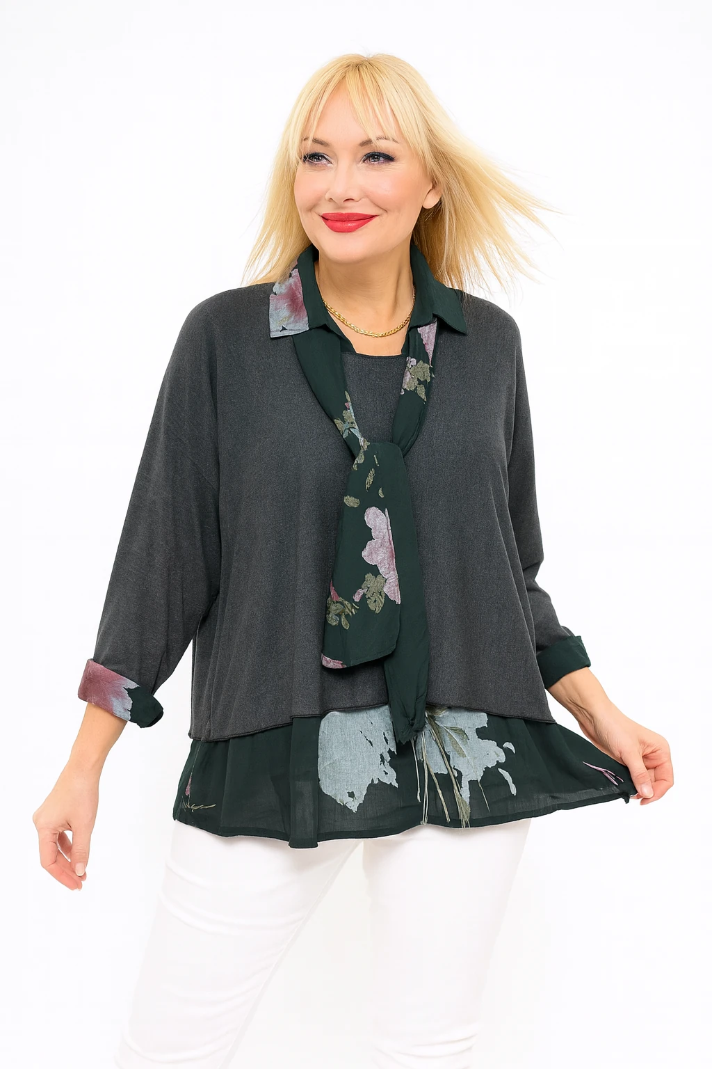 İtalyan Fularlı 3'lü Takım Bluz - ANTRASİT