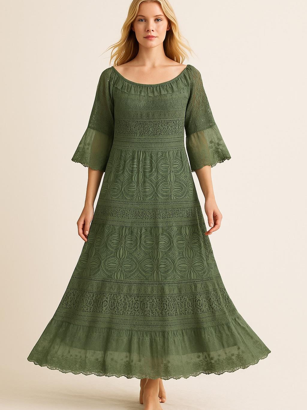 İtalyan Dantel Elbise - HAKİ