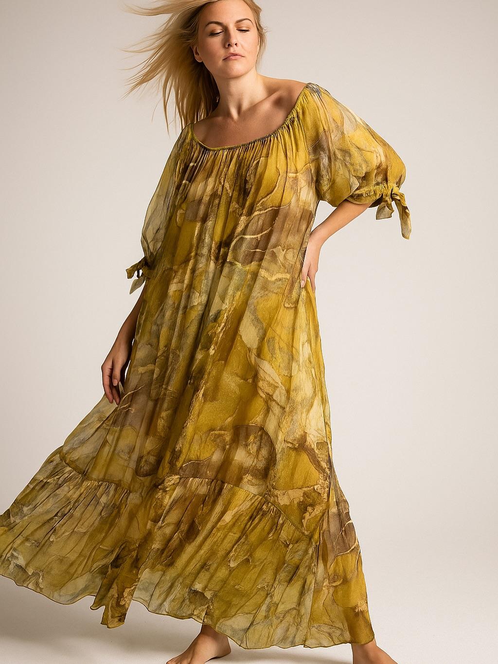 İtalyan Magma Desen İpek Elbise - HARDAL