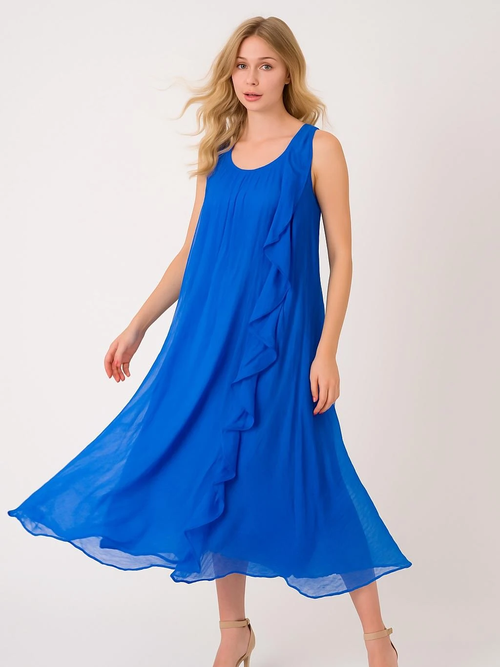 İtalyan İpek Elbise - SAKS MAVİ