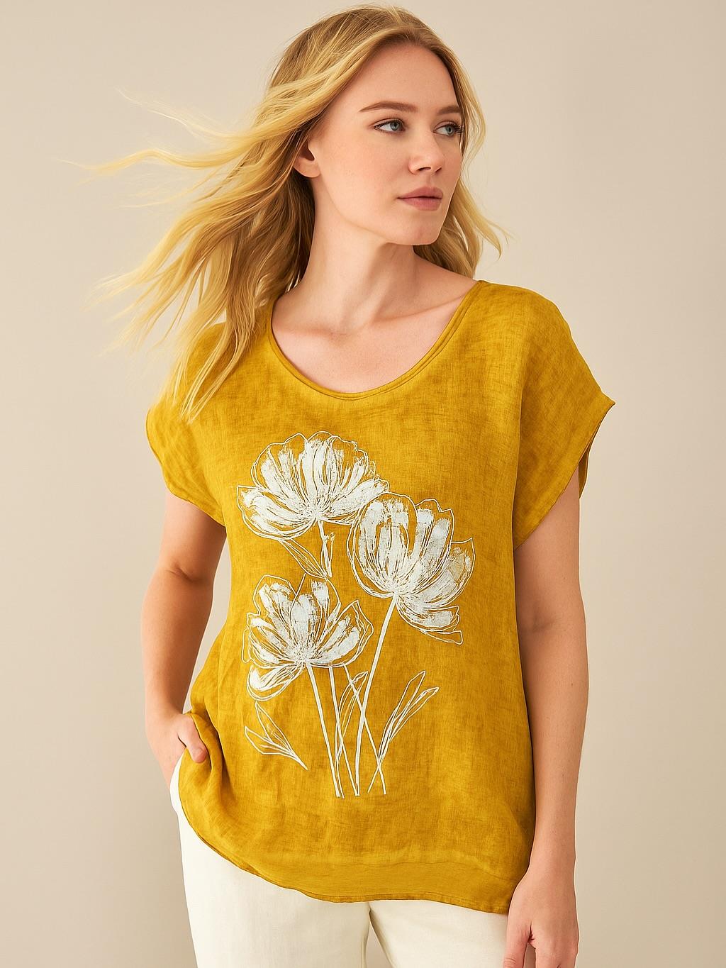 İtalyan Çiçek Desenli Keten Bluz - HARDAL