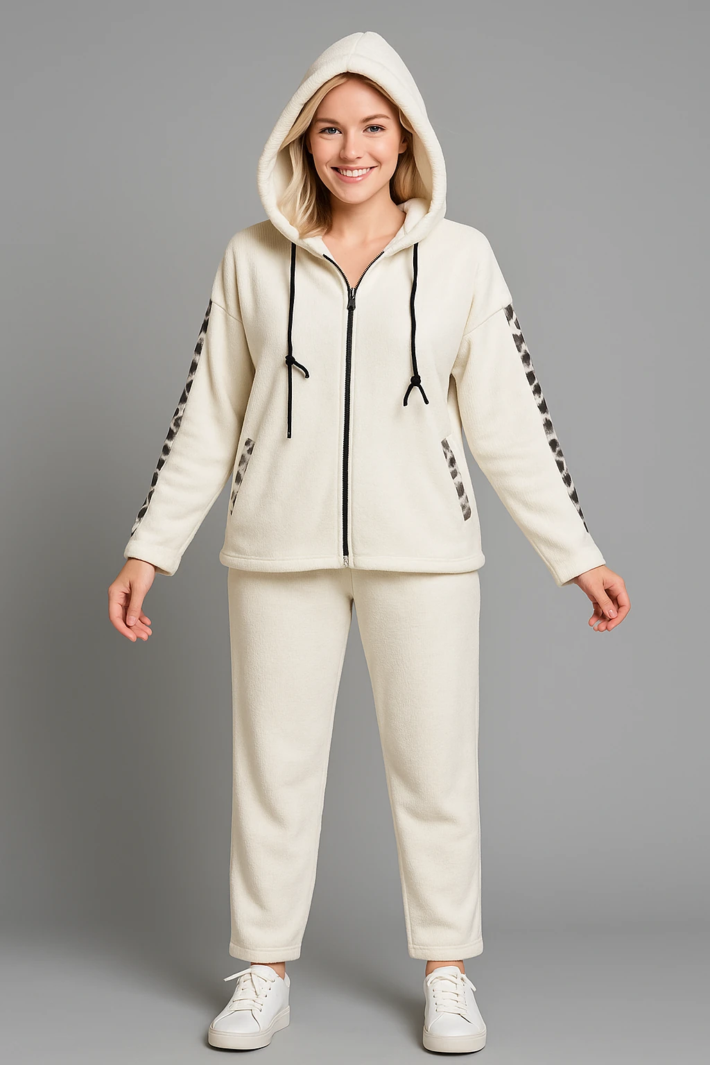 İtalyan Leopar Detaylı İnce Fitilli Kadife Takım - BEYAZ