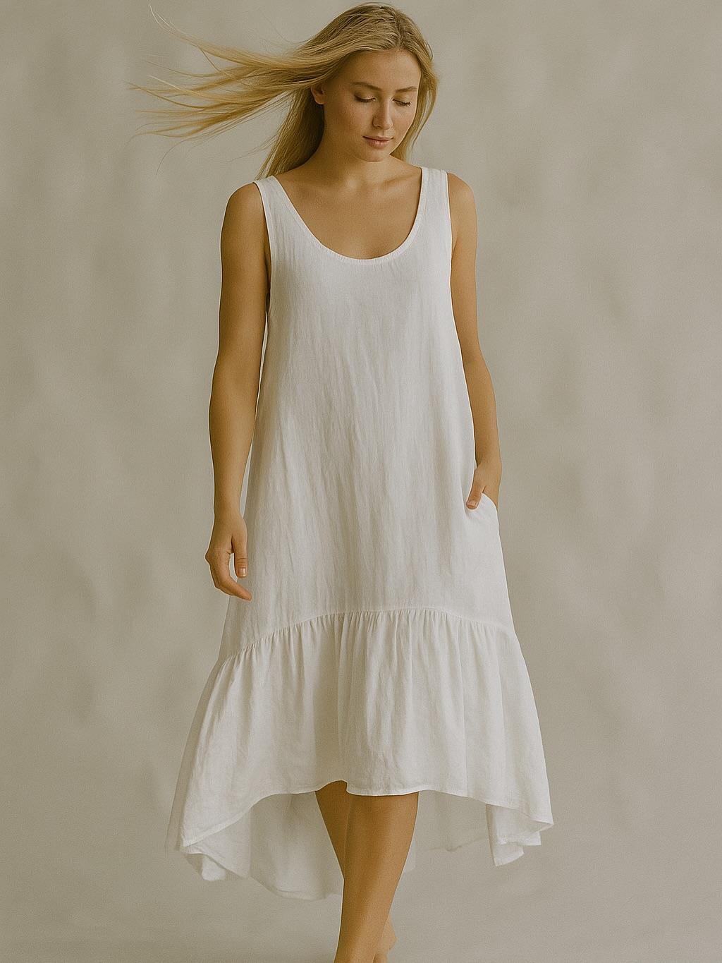 İtalyan Sırttan Bağlamalı Keten Elbise - BEYAZ