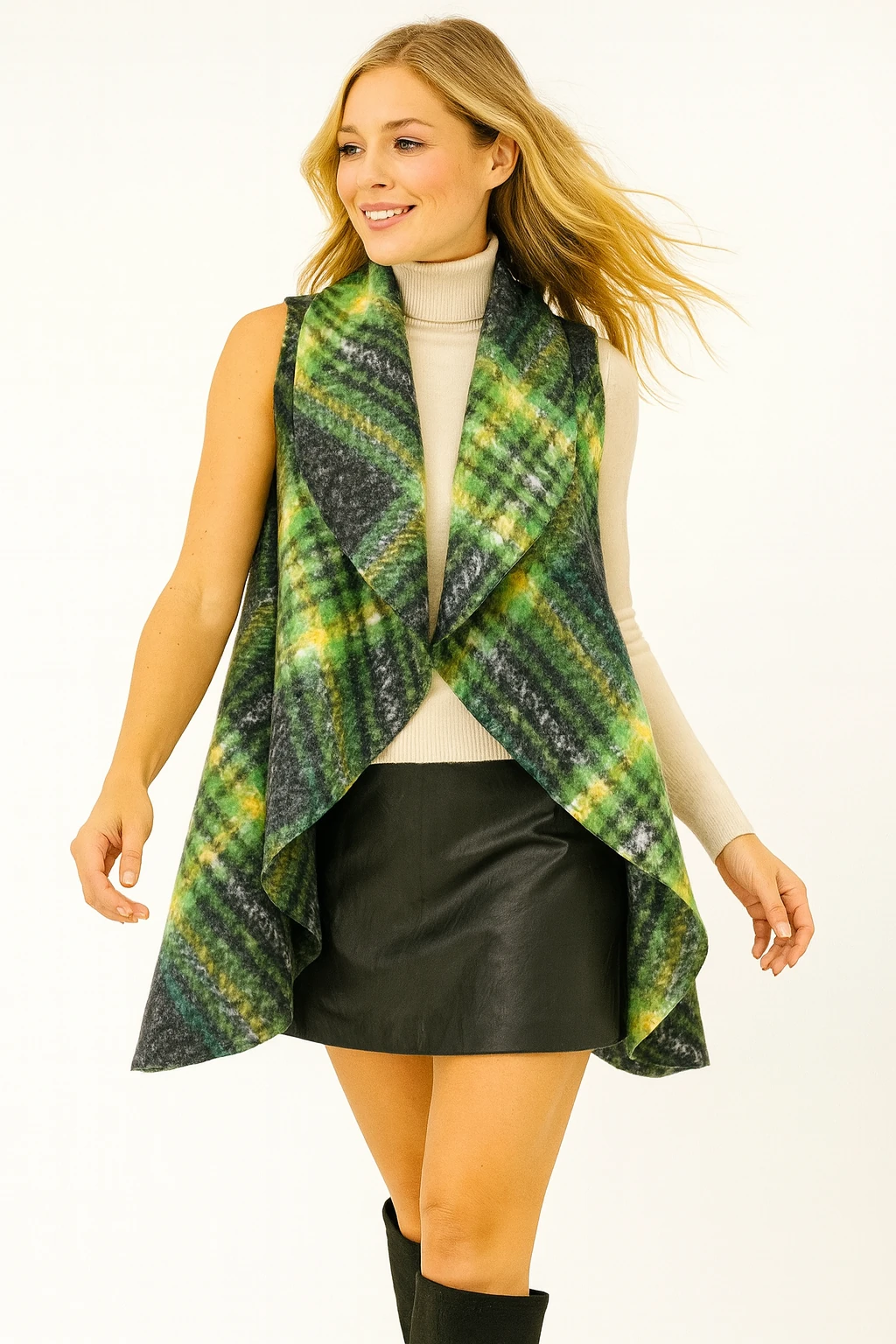 İtalyan Çizgi Desenli Keçe Yelek - YEŞİL