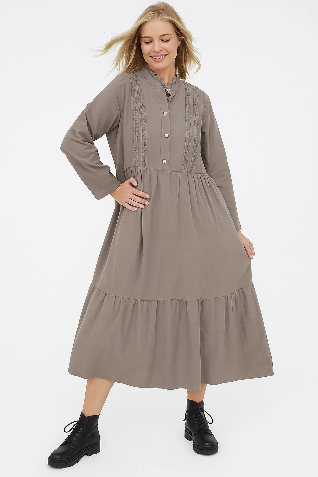 İtalyan Düğme Detaylı Kadife Elbise - VİZON