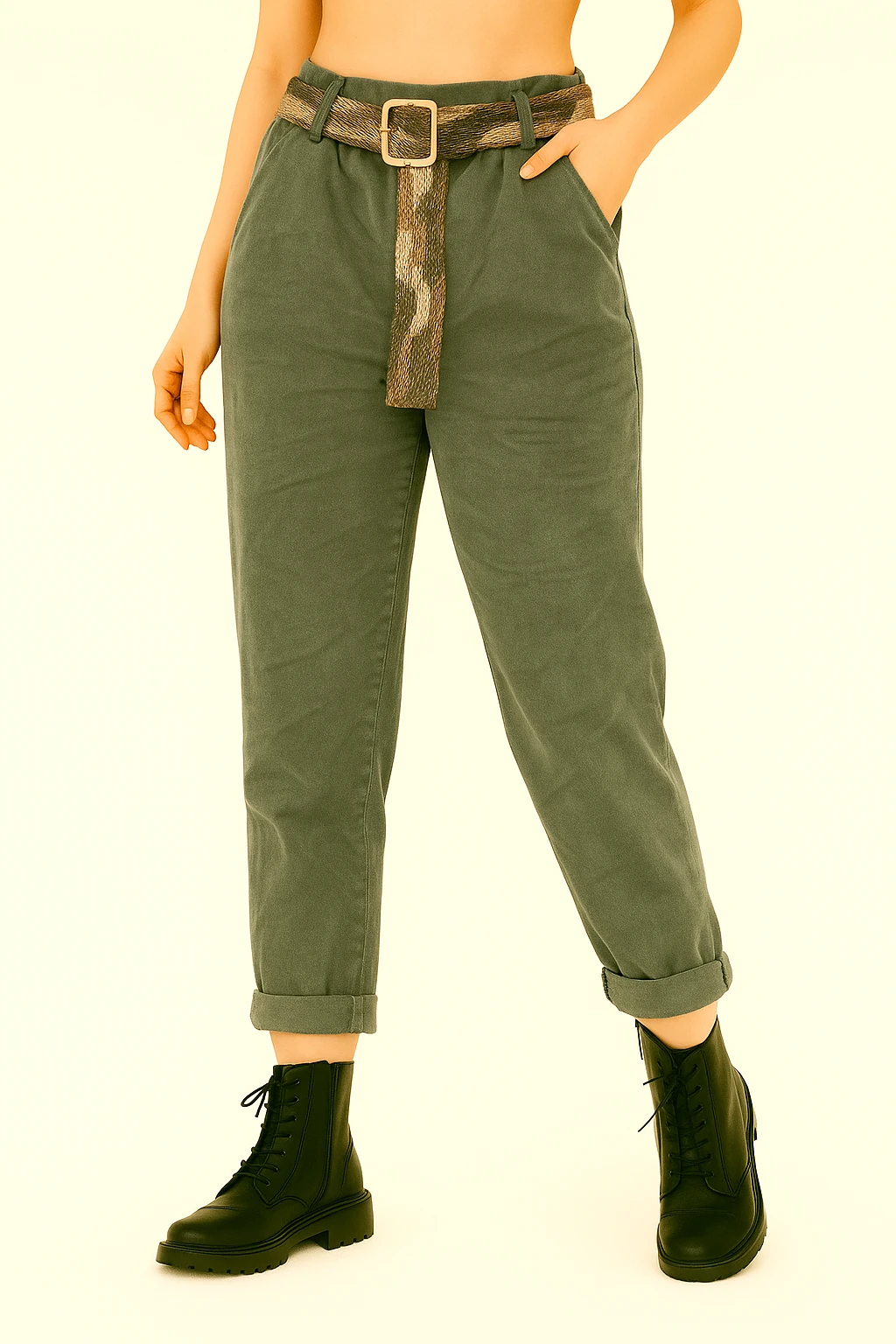 İtalyan Kamuflaj Kemerli Likralı Pantolon - HAKİ