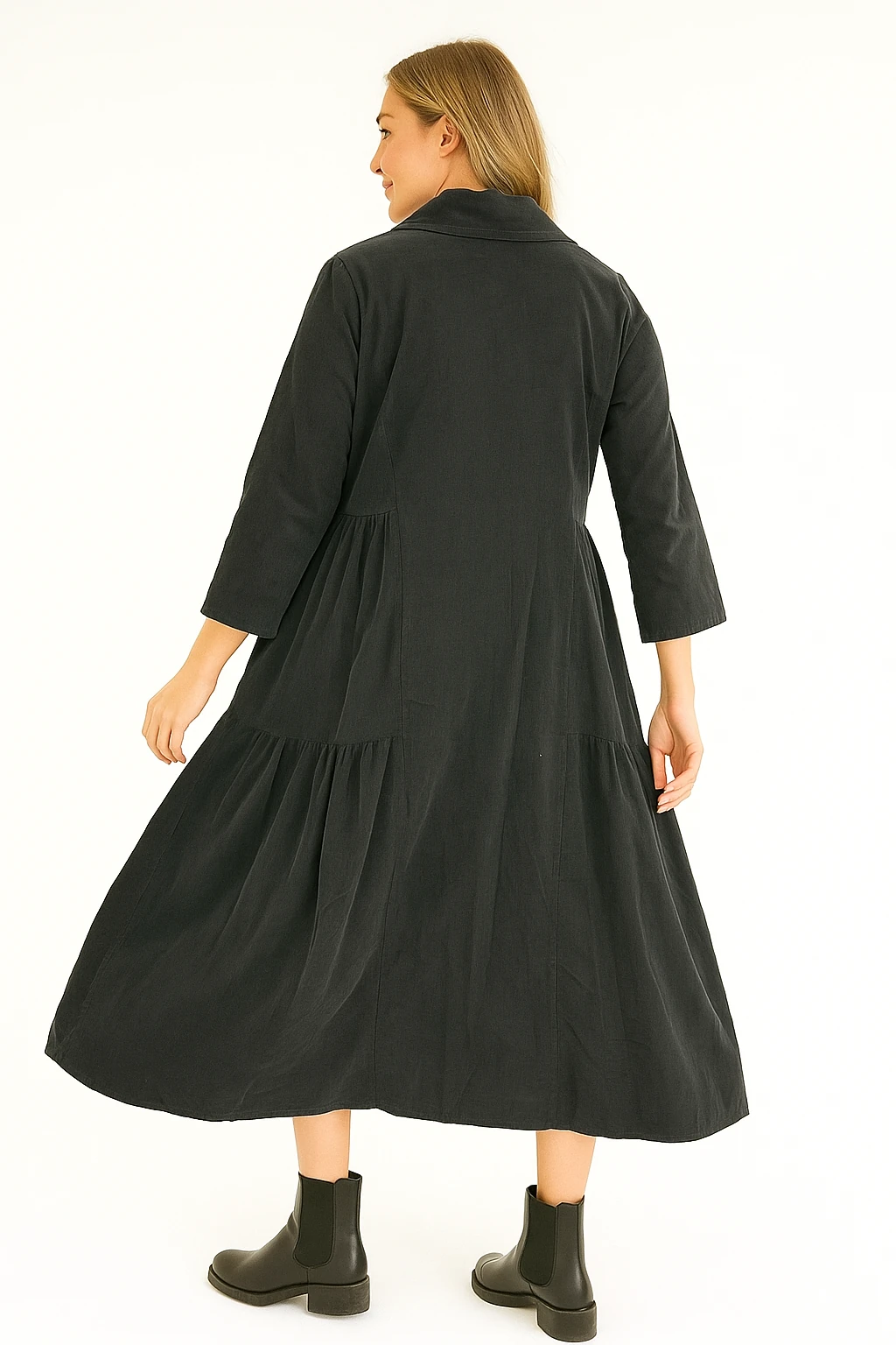 İtalyan Kadife Gömlek Elbise - SİYAH