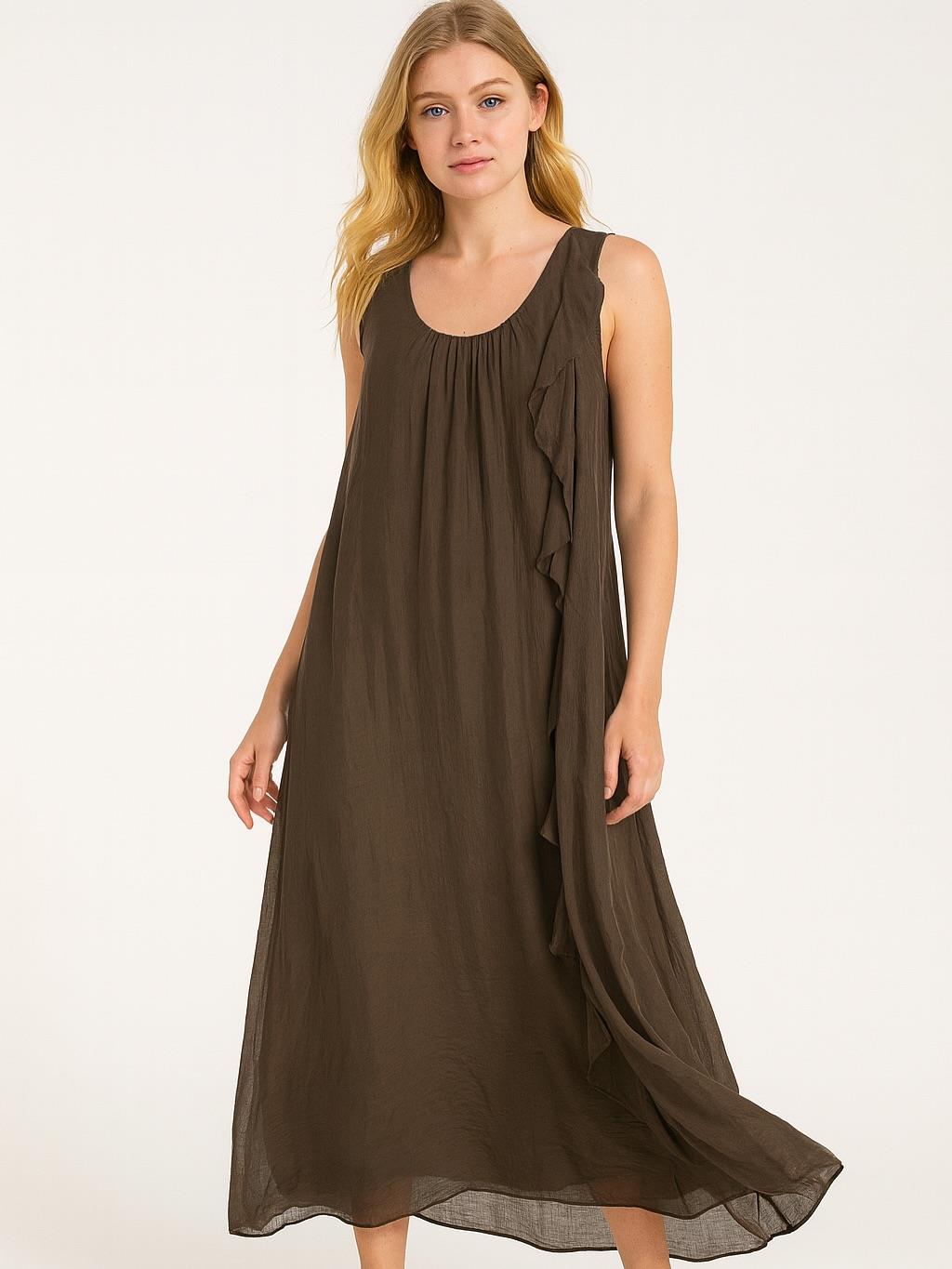 İtalyan İpek Elbise - KAHVERENGİ