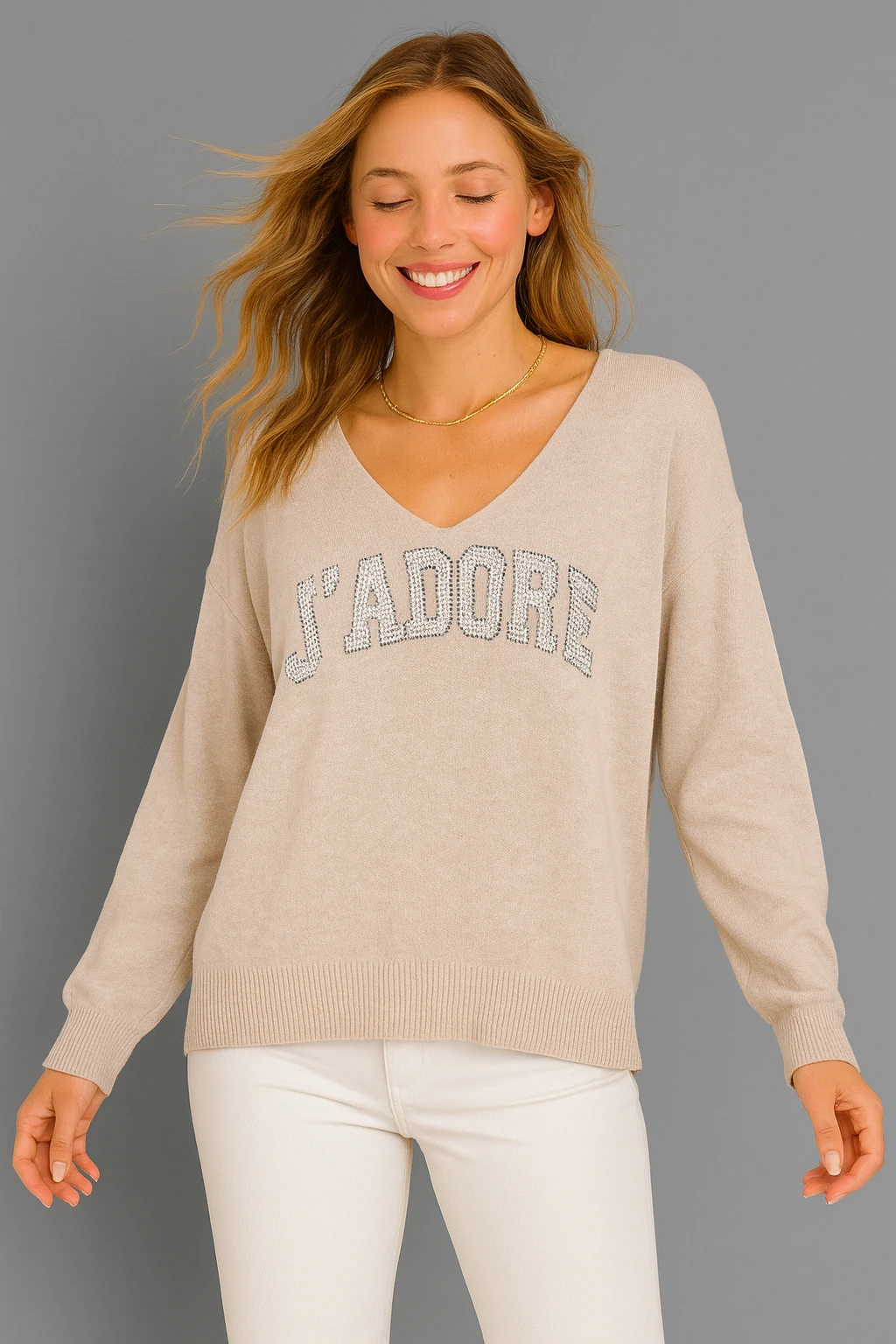 İtalyan Yazı DetaylI V Yaka Kazak - BEJ