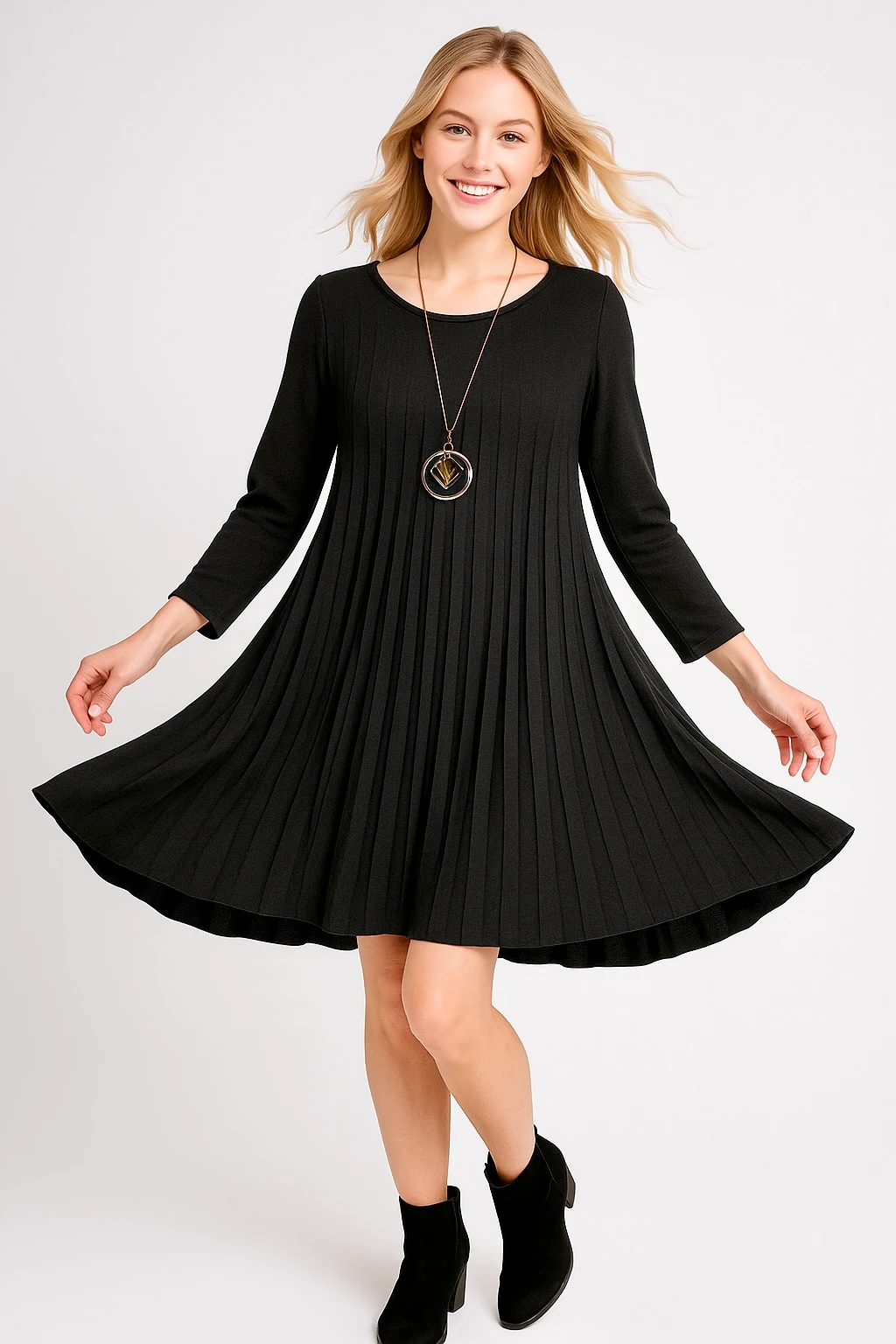 İtalyan Pileli Triko Elbise - SİYAH