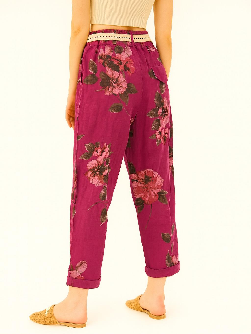 İtalyan Çiçek Desenli Havuç Keten Pantolon - MÜRDÜM
