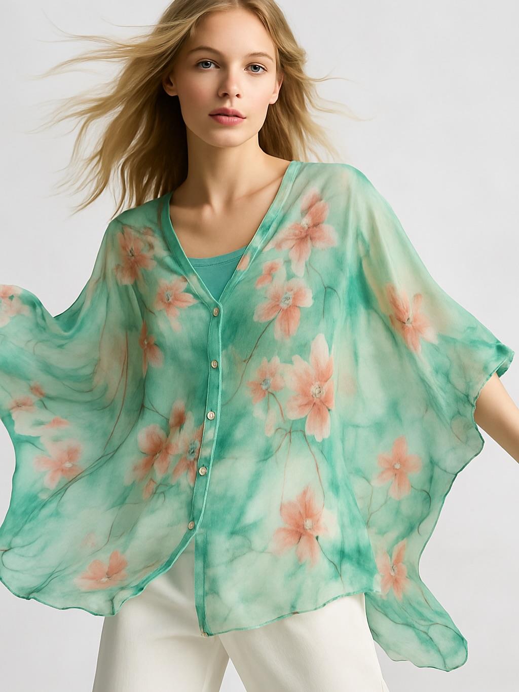 İtalyan Çiçek Desen İpek Bluz - SU YEŞİLİ