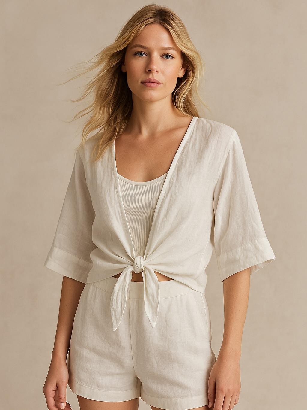 İtalyan Vual Pamuklu Kumaş Önden Bağlamalı Bluz - BEYAZ