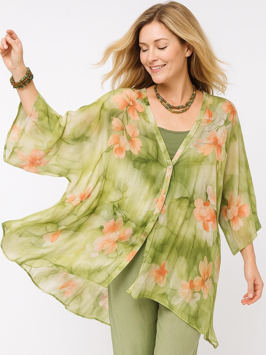 İtalyan Çiçek Desen İpek Bluz - YEŞİL