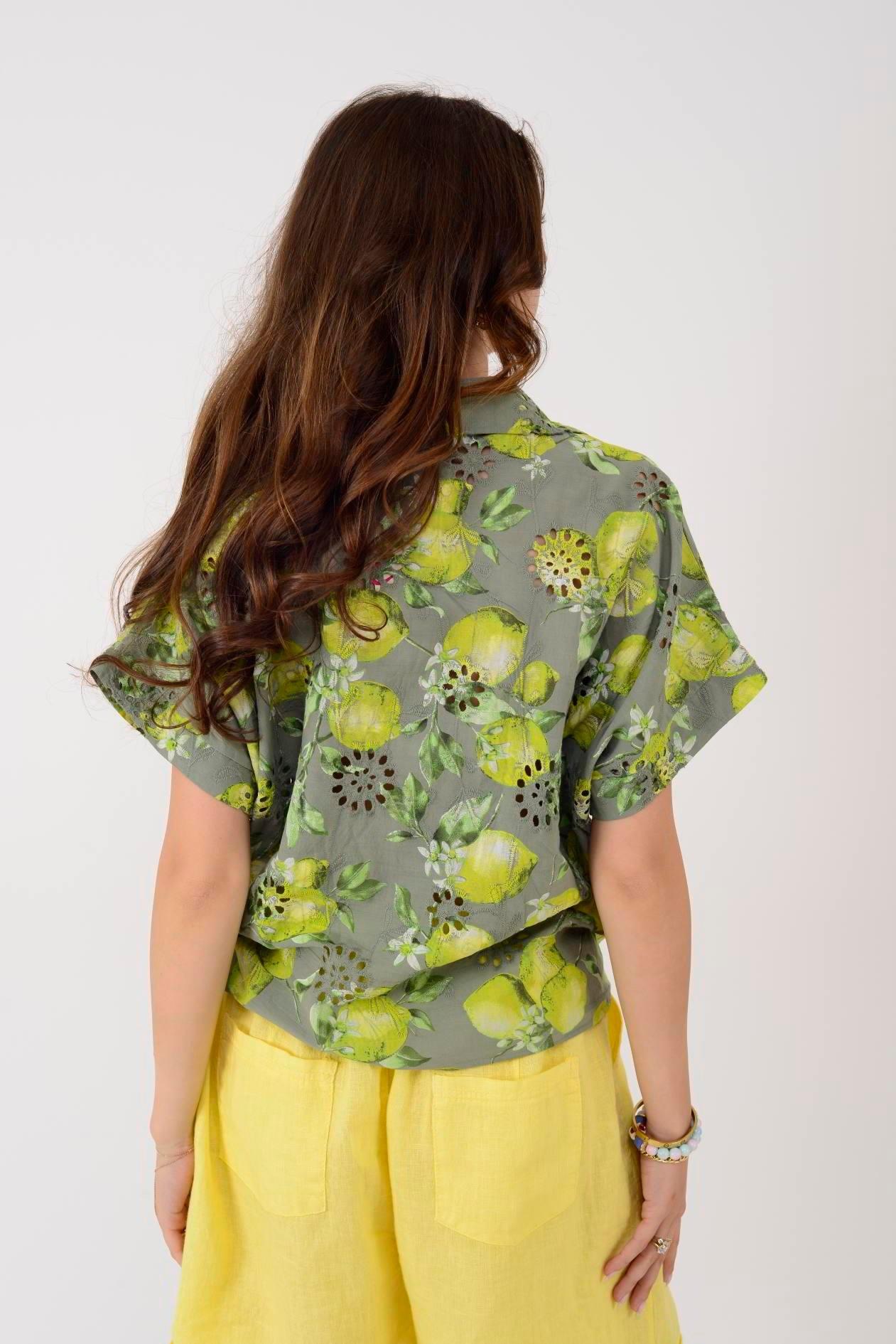 İtalyan Limon Desen Fistolu Bluz - HAKİ