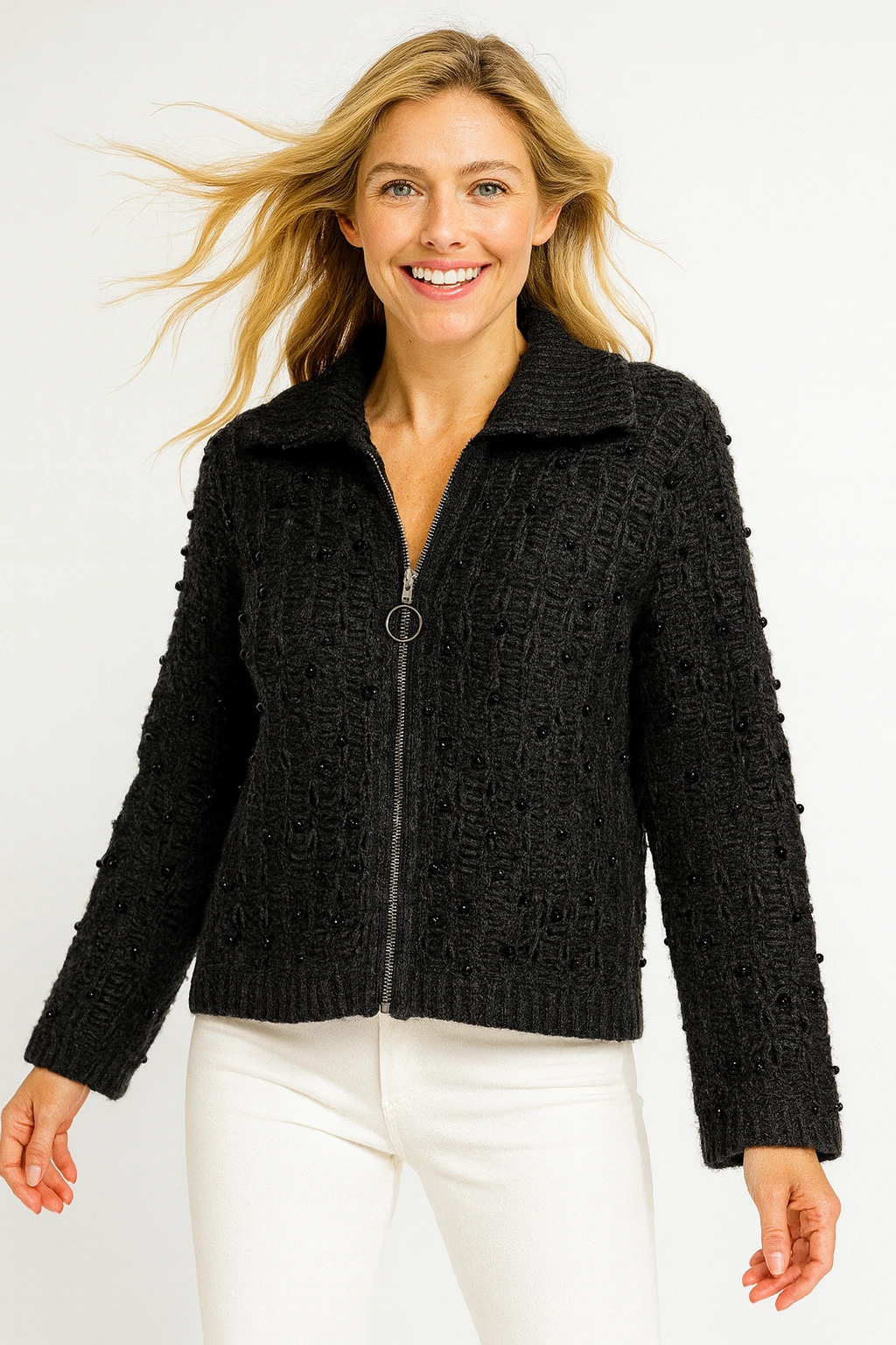 İtalyan İnci Detaylı Tasarım Hırka - SİYAH