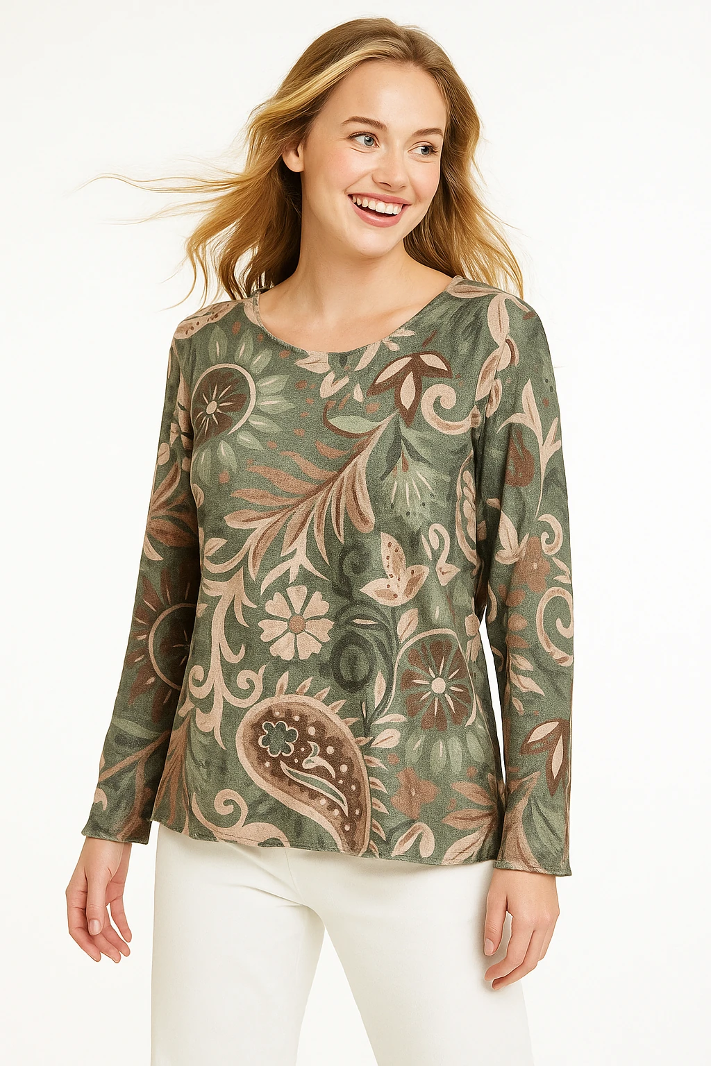 İtalyan Yaprak Desenli Geniş Yaka Triko Bluz - HAKİ