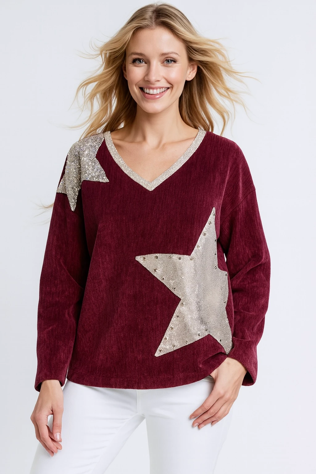 İtalyan Yıldız Detaylı Kadife Bluz - BORDO