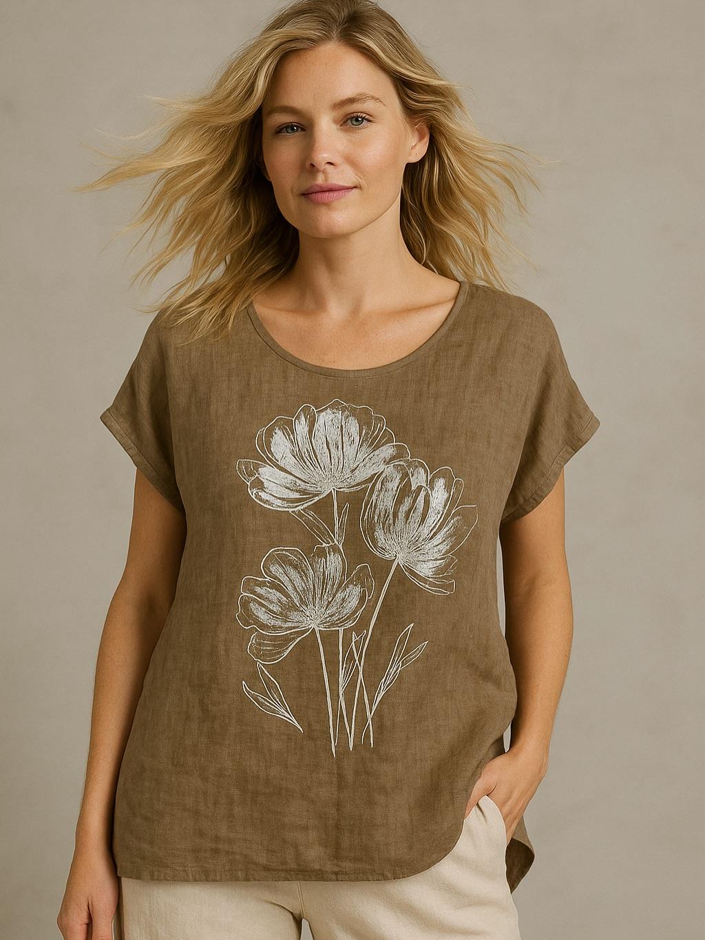 İtalyan Çiçek Desenli Keten Bluz - VİZON