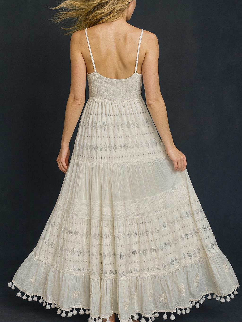 İtalyan Askılı Dantel Elbise - BEYAZ