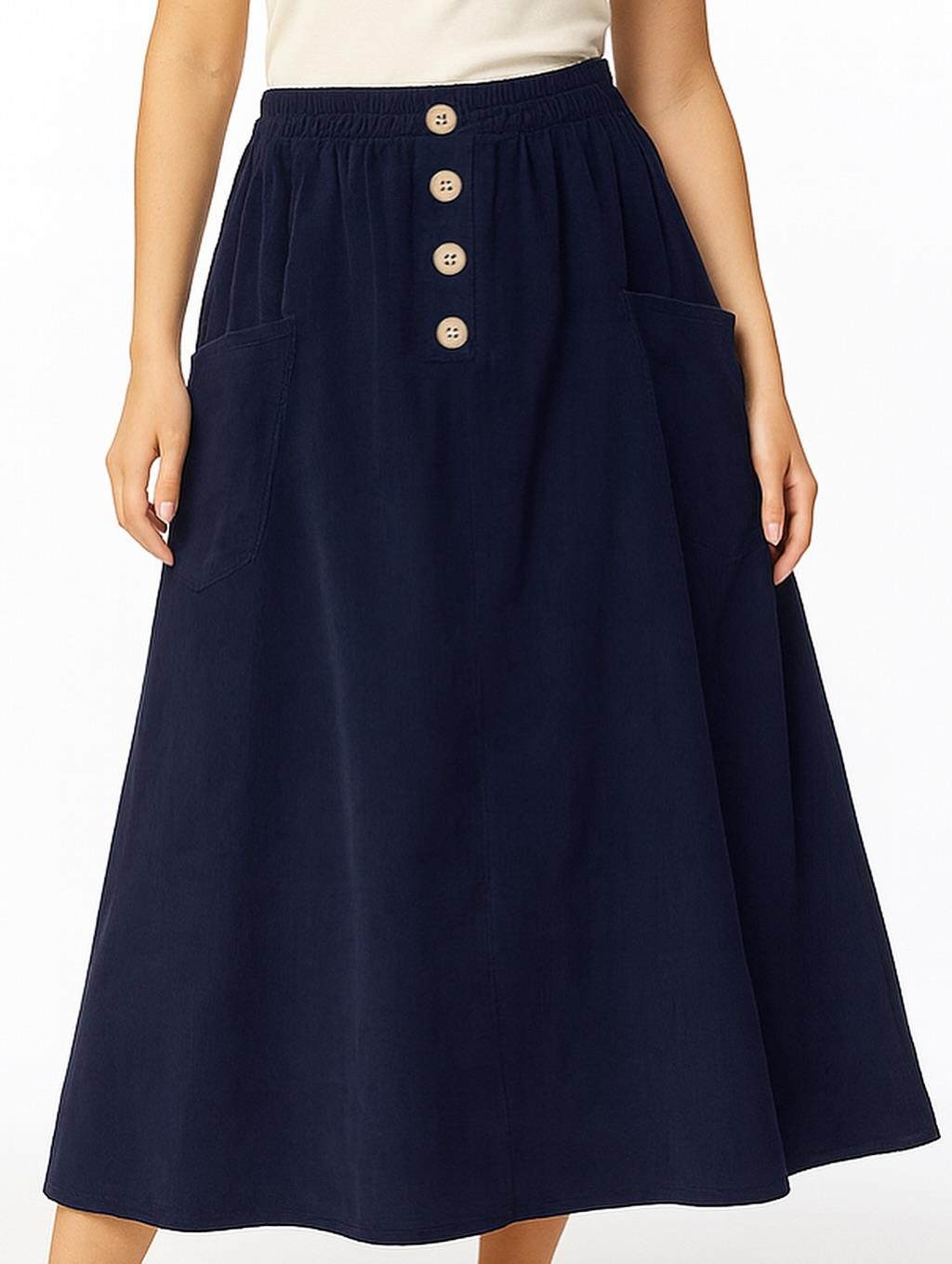 İtalyan Kadife Düğme Detaylı Etek - LACİVERT