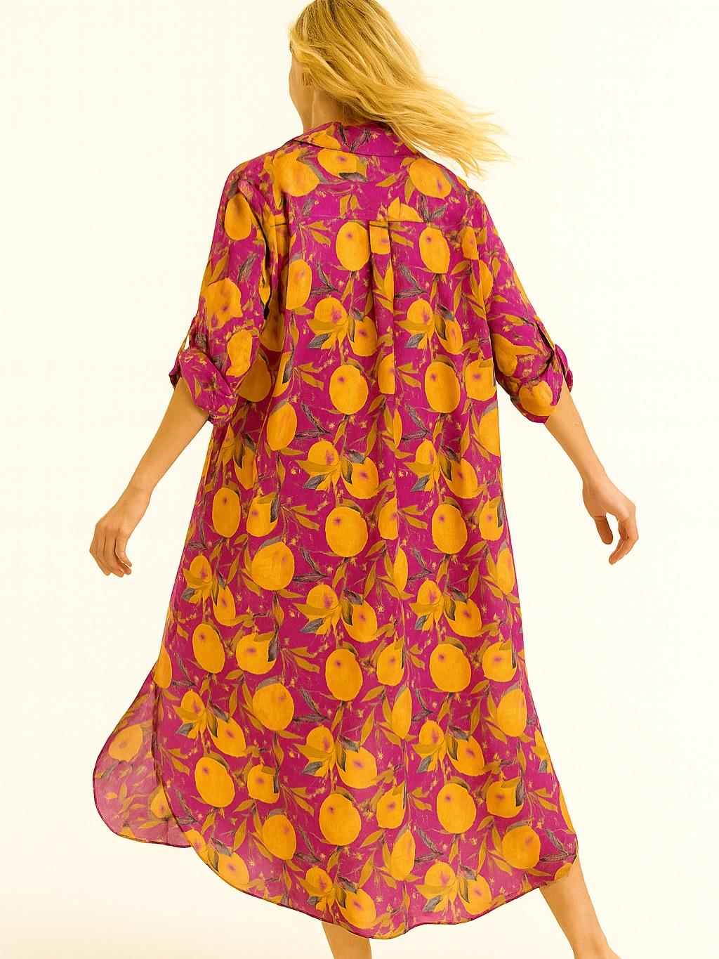 İtalyan Pamuk Limon Desen Elbise - FUŞYA