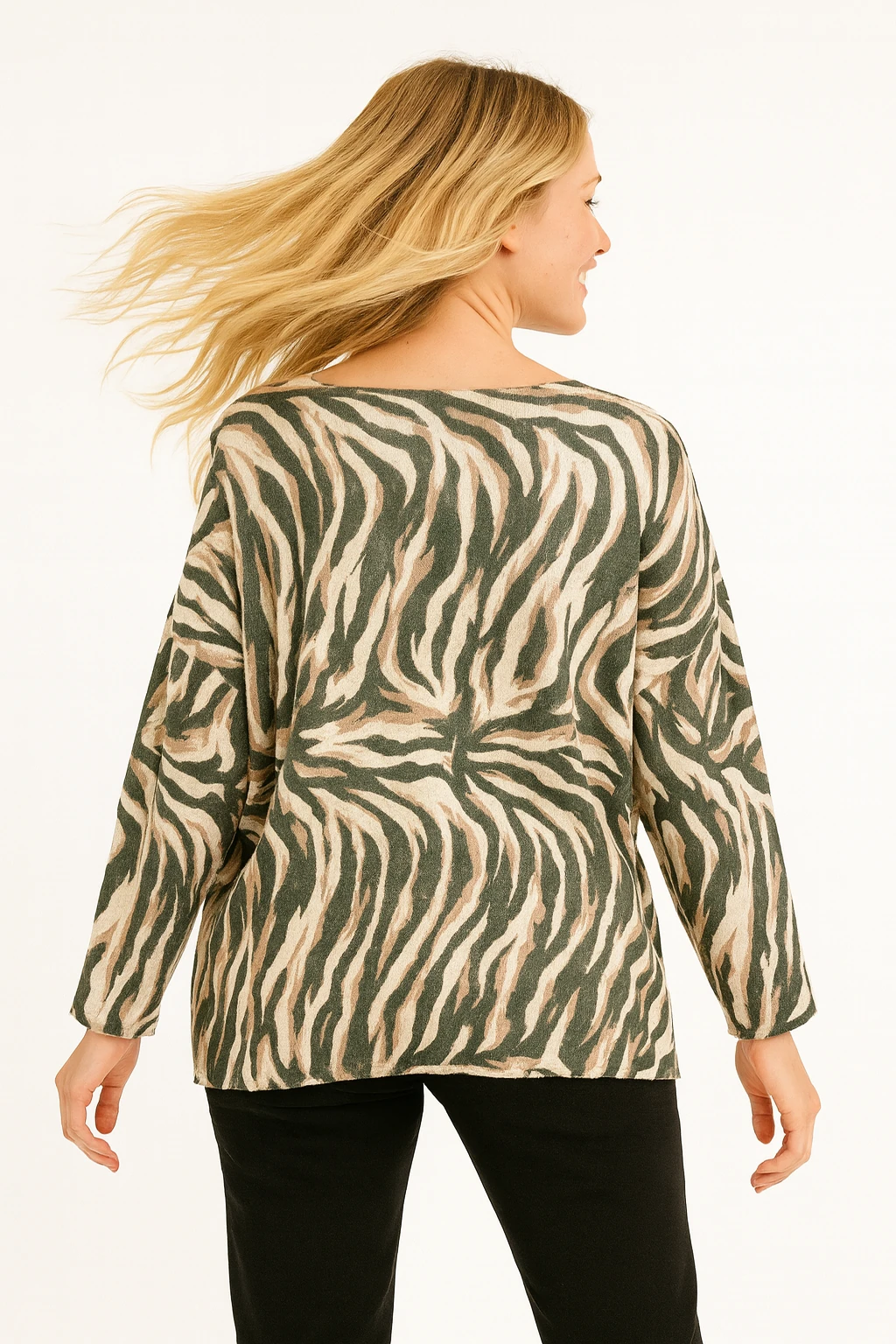 İtalyan Zebra Desen Triko Bluz - YEŞİL