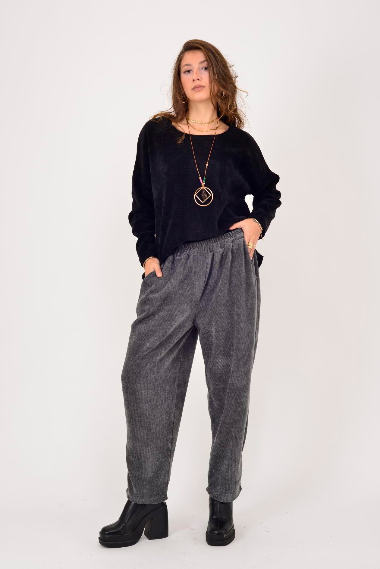 İtalyan Cep Detaylı Fitilli Kadife Pantolon - GRİ