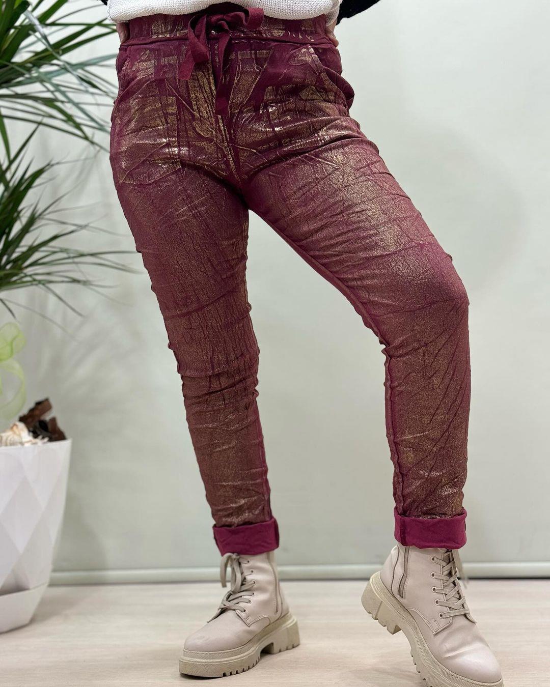 İtalyan Varak Baskılı Likralı Pantolon - BORDO