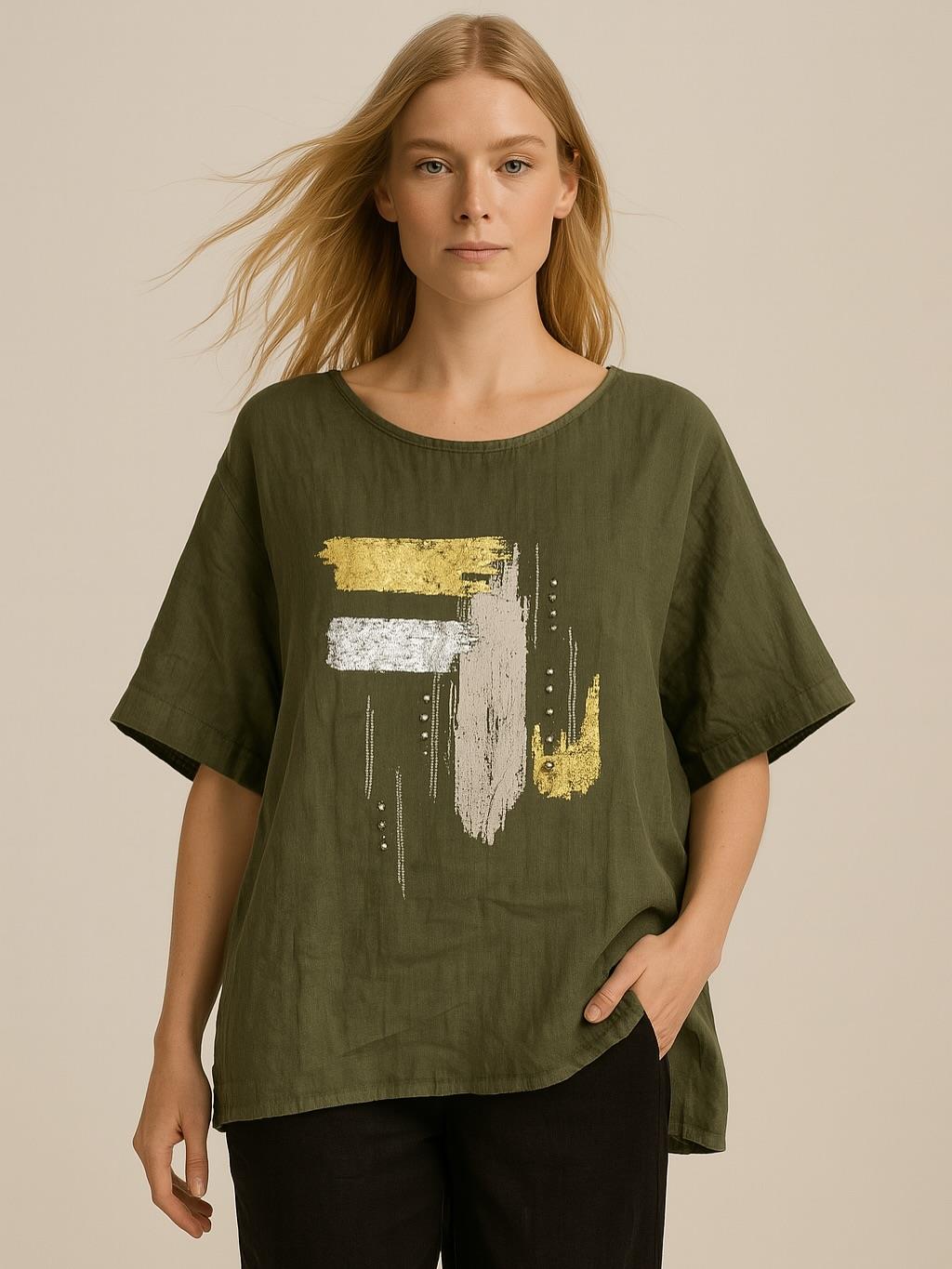 İtalyan Keten Desenli Bluz - HAKİ