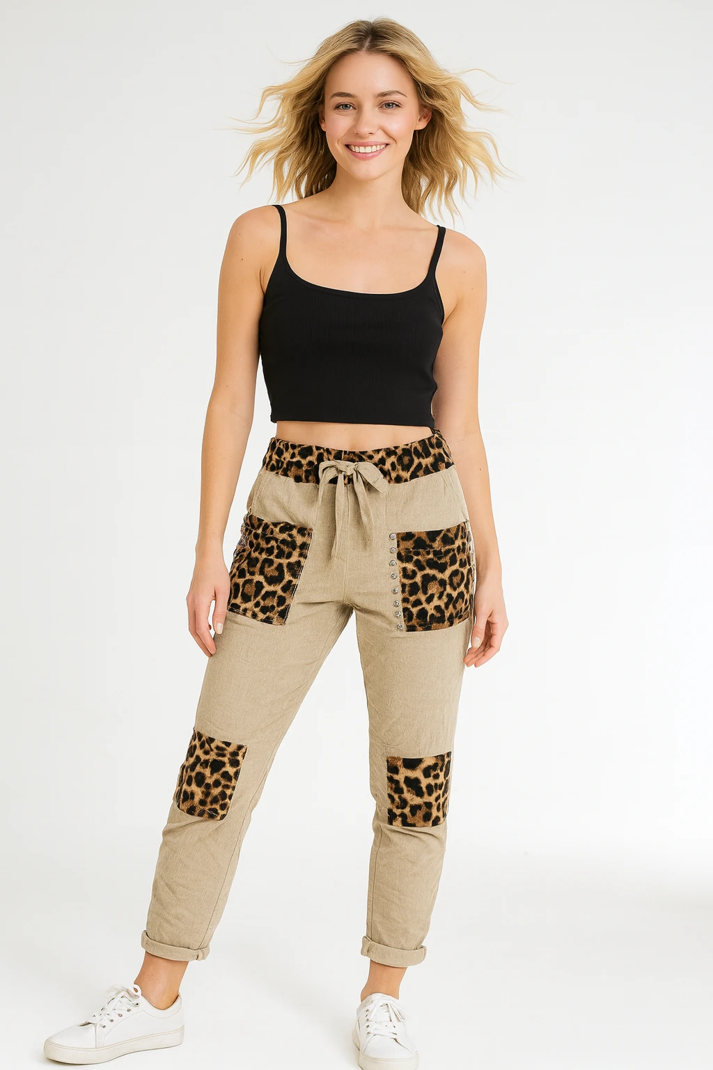 İtalyan Leopar Detaylı Kadife Pantolon - BEJ