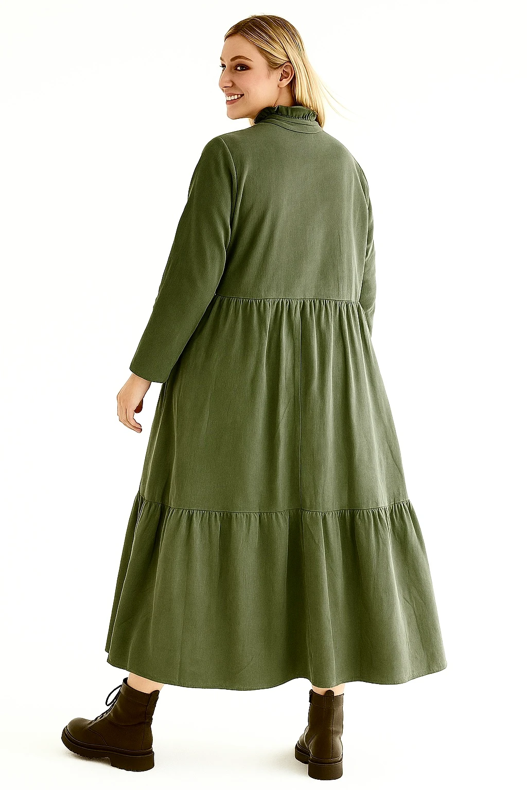 İtalyan Düğme Detaylı Kadife Elbise - HAKİ