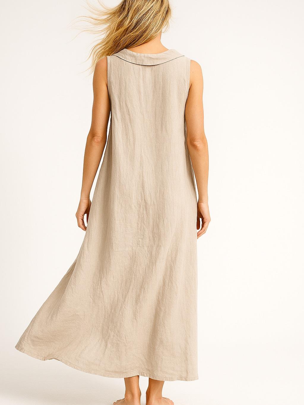 İtalyan Yaka Detaylı Keten Elbise - BEJ