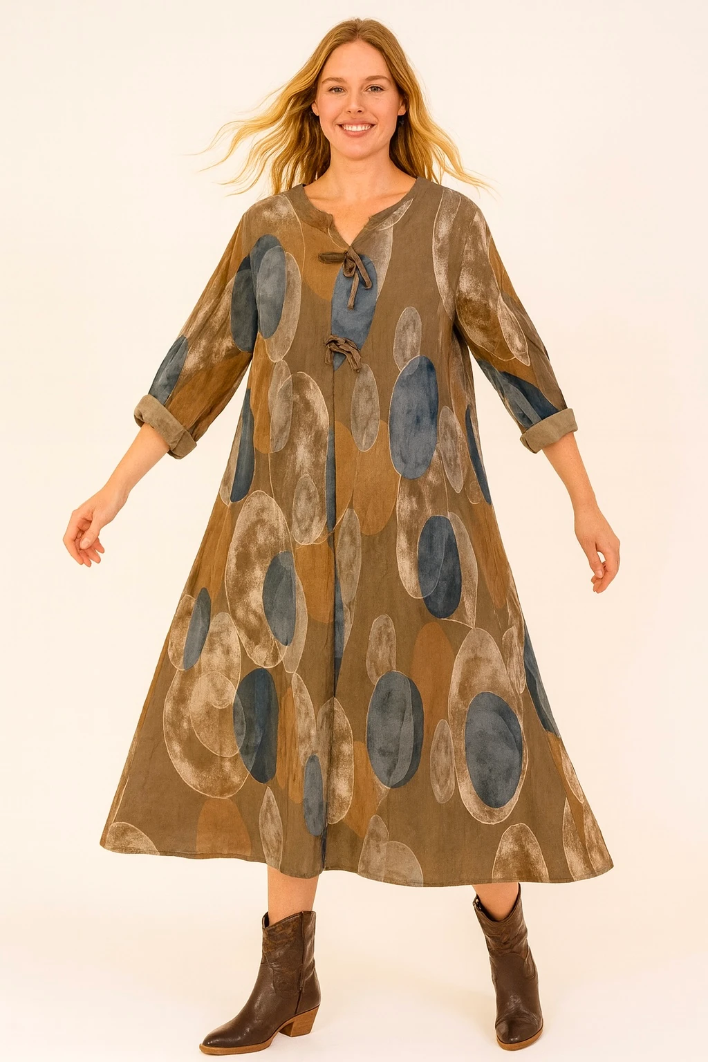 İtalyan Desenli İnce Fitilli Kadife Elbise - KAHVE